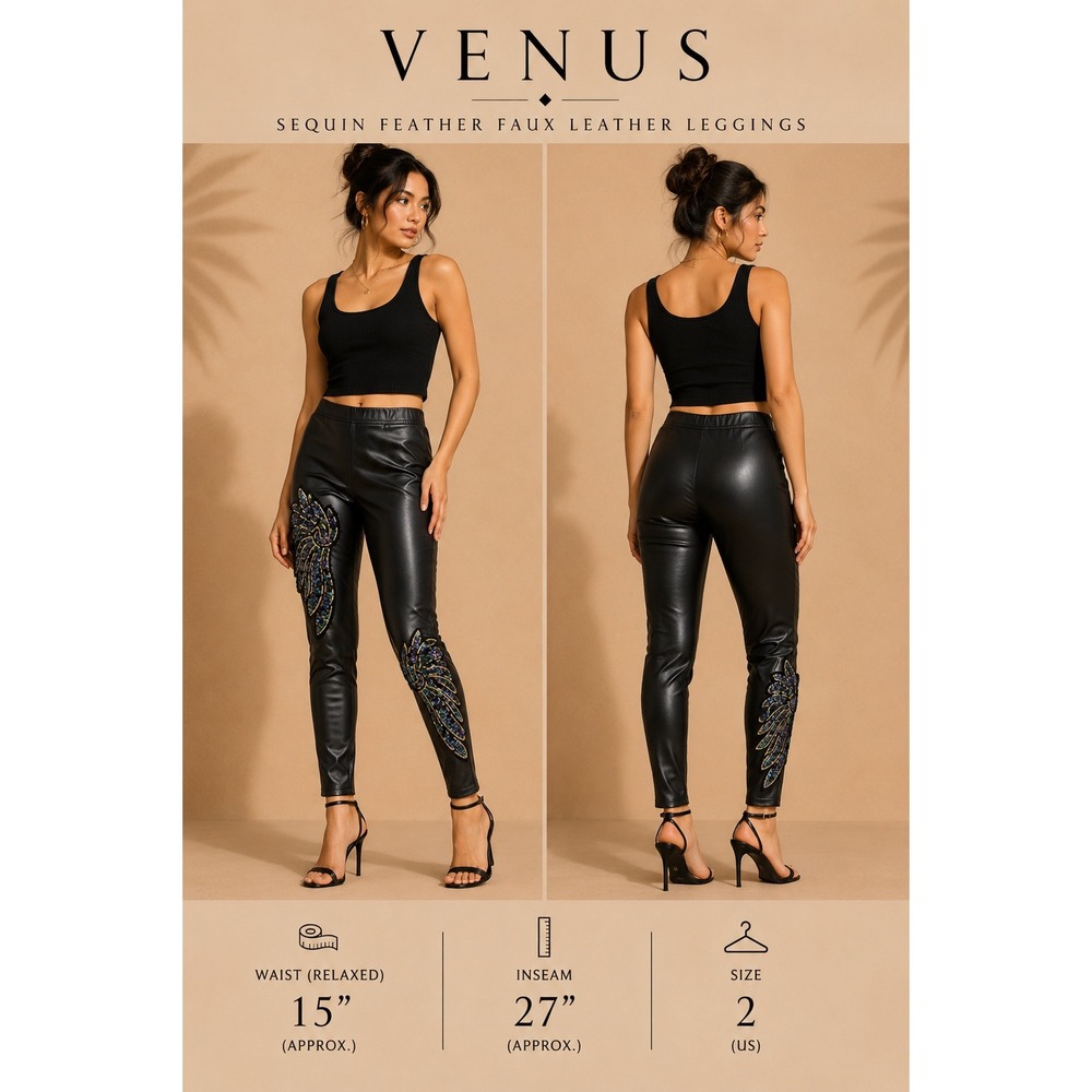 Venus Black Faux Leather Sequin Wing Leggings Size 2 Slim Fit Glam Edgy Pants